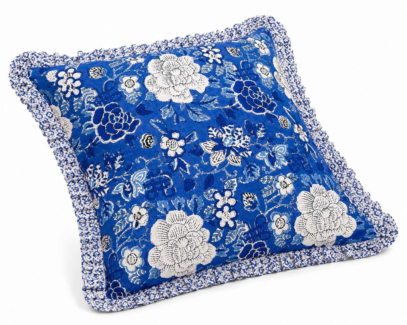 Hand Block Printed Blue Cushion Cover - Sanganeri Floral Pillow Cover