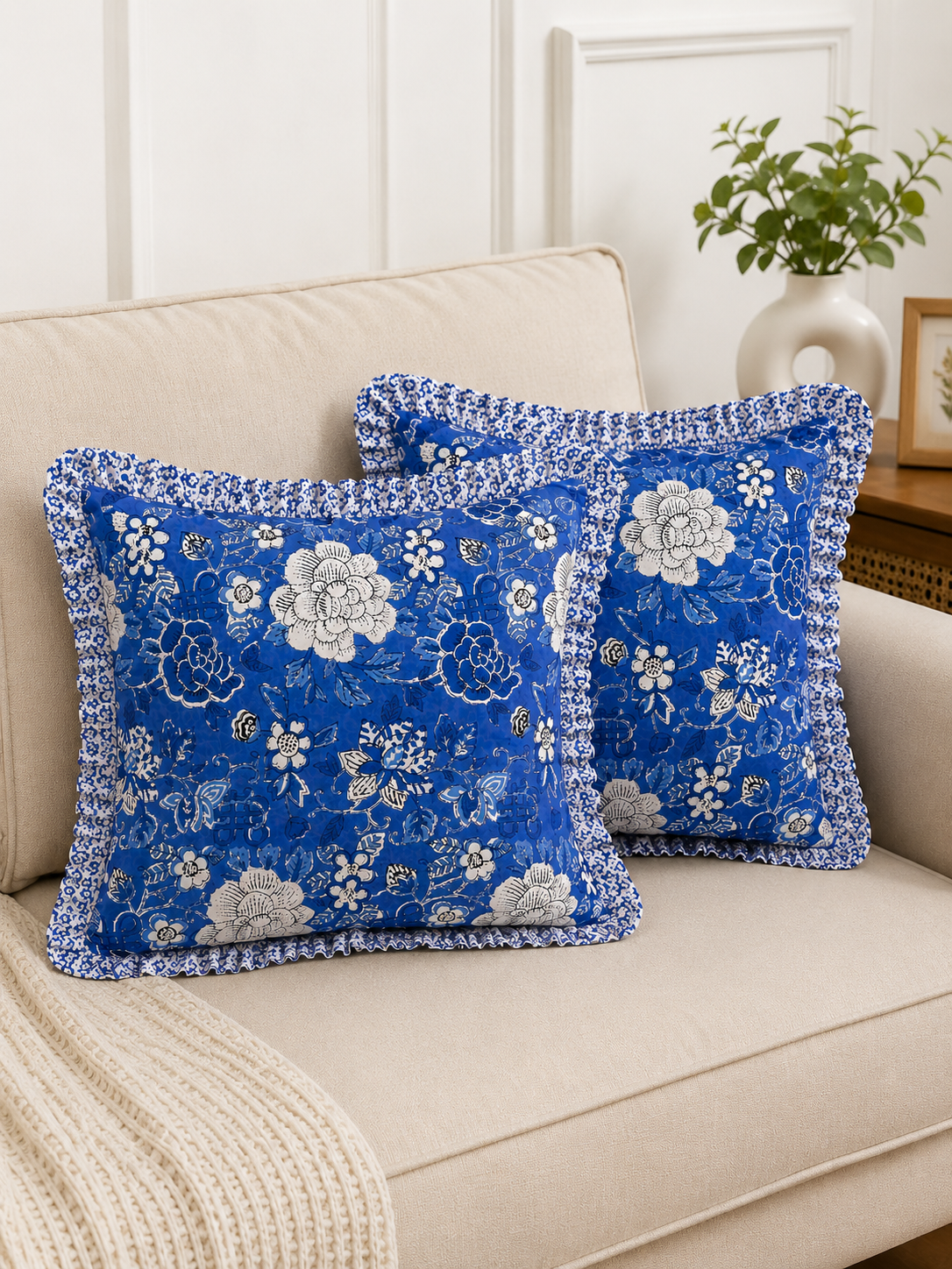Hand Block Printed Blue Cushion Cover - Sanganeri Floral Pillow Cover