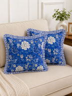 Hand Block Printed Blue Cushion Cover - Sanganeri Floral Pillow Cover