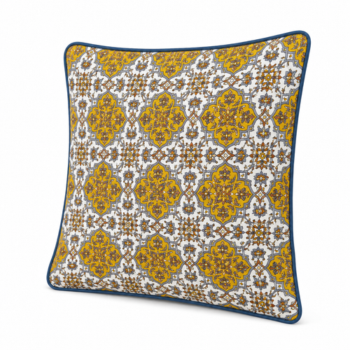 Hand Block Printed Blue & Mustard Cotton Cushion Cover |  40x40 cm | Hidden Zipper | Premium Home Decor