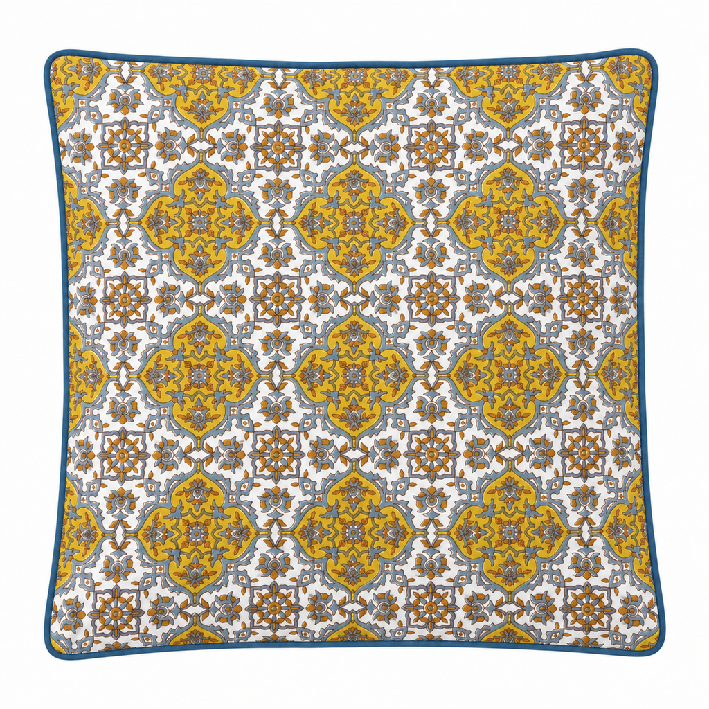 Hand Block Printed Blue & Mustard Cotton Cushion Cover |  40x40 cm | Hidden Zipper | Premium Home Decor
