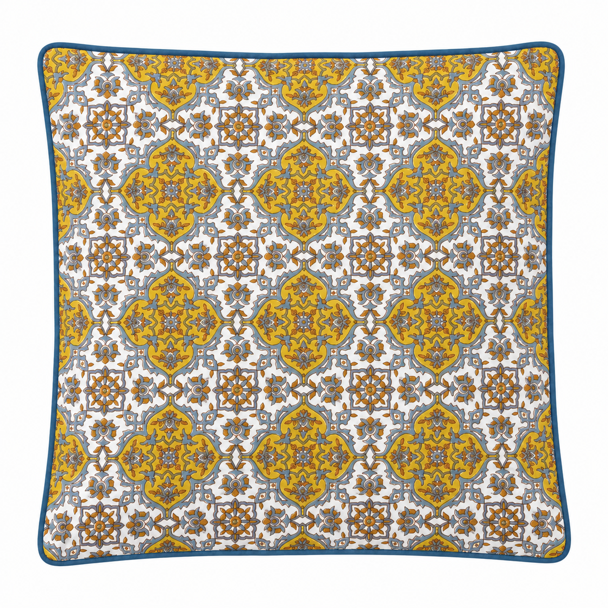 Hand Block Printed Blue & Mustard Cotton Cushion Cover |  40x40 cm | Hidden Zipper | Premium Home Decor