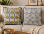 Hand Block Printed Blue & Mustard Cotton Cushion Cover |  40x40 cm | Hidden Zipper | Premium Home Decor