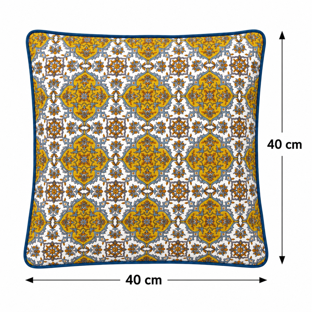 Hand Block Printed Blue & Mustard Cotton Cushion Cover |  40x40 cm | Hidden Zipper | Premium Home Decor