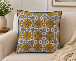 Hand Block Printed Blue & Mustard Cotton Cushion Cover |  40x40 cm | Hidden Zipper | Premium Home Decor