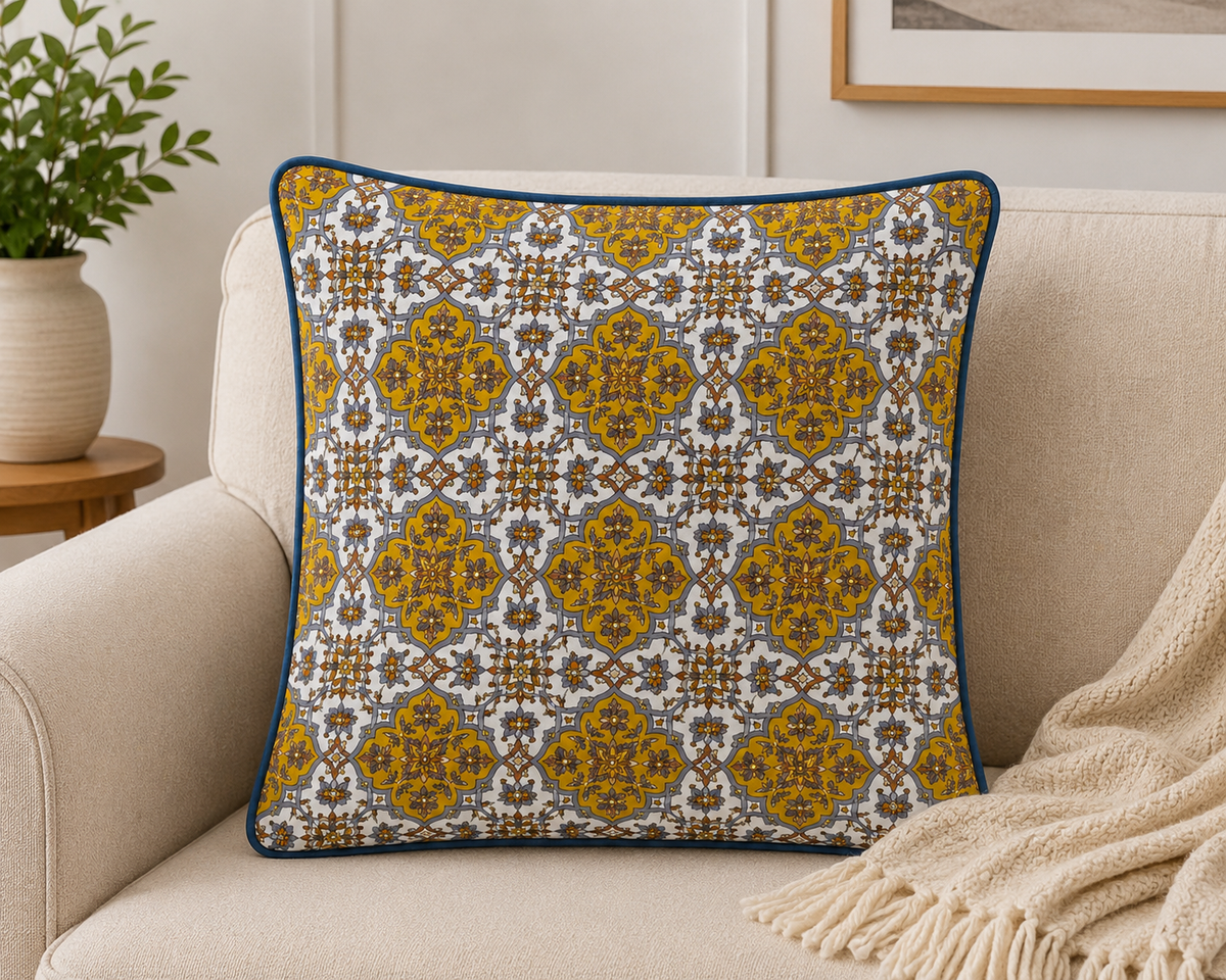 Hand Block Printed Blue & Mustard Cotton Cushion Cover |  40x40 cm | Hidden Zipper | Premium Home Decor