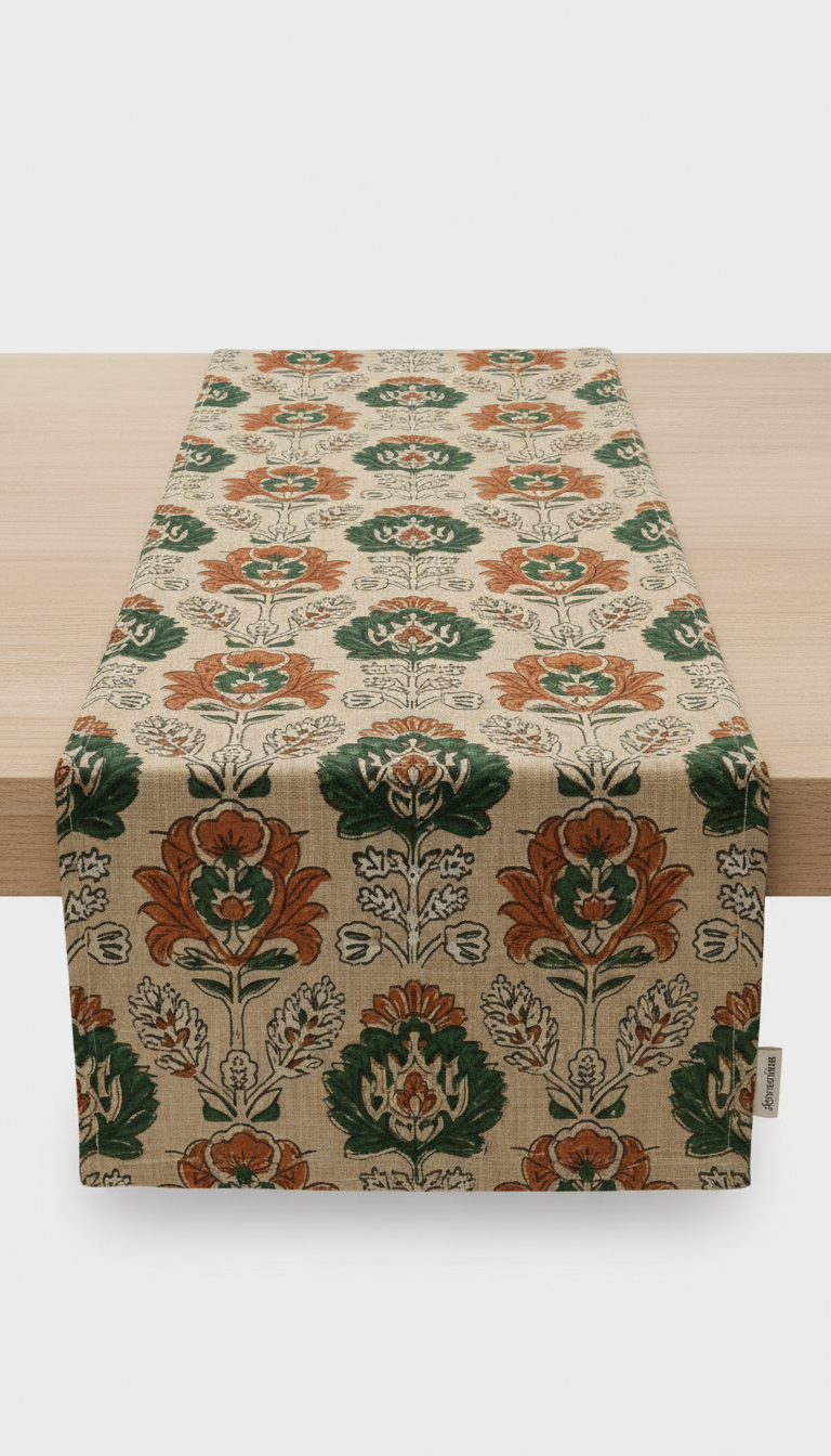 Linen Table Runner Ochre Pattern