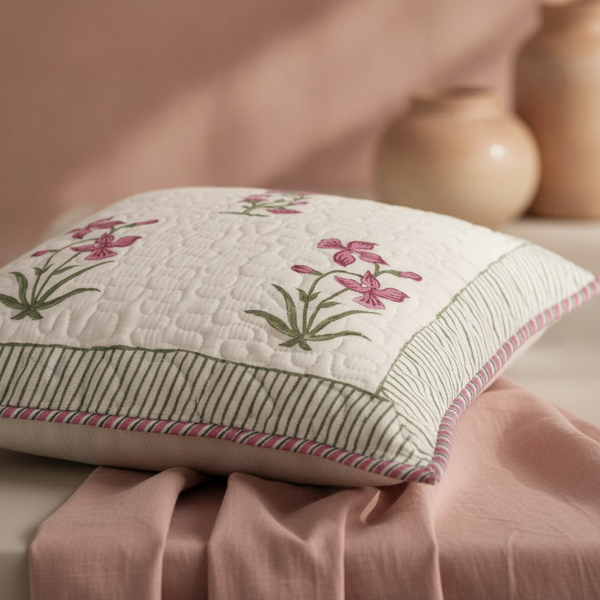 Close-up of a floral Jaipuri hand block print cushion cover made of 100% cotton, showcasing its soft, breathable texture.
