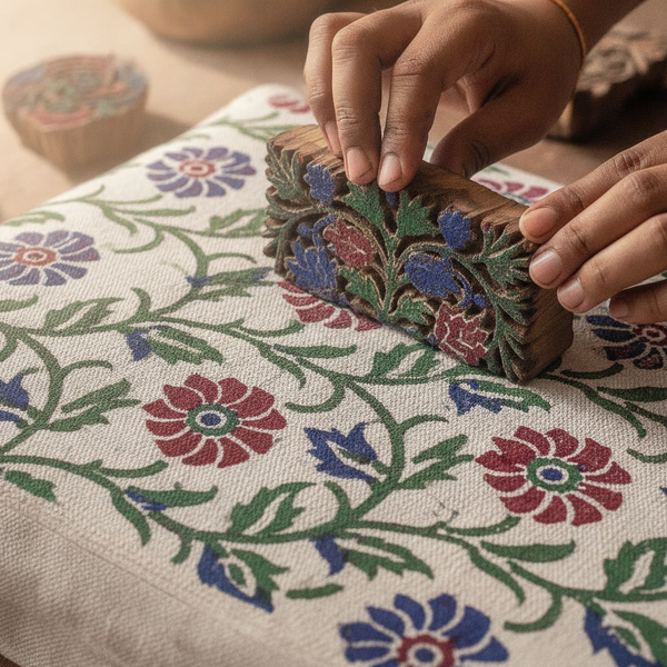 Close-up of skilled hands applying traditional dyes during hand block printing on a Jaipuri cotton cushion cover.