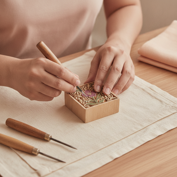 Close-up of artisan's hands carving a floral pattern into a wooden block, tools nearby, on a cream cloth under dusty rose lig